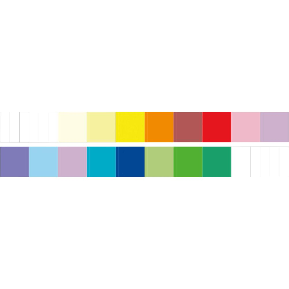Farbpalette mit hellen und dunklen Farbfeldern, von Weiß über Gelb, Orange, Rot bis Violett und Grün.