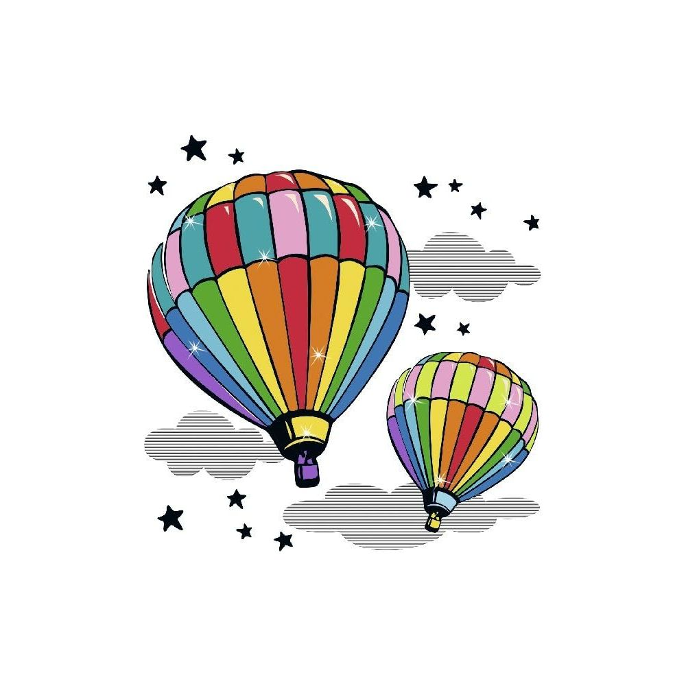 Zwei bunte Heißluftballons schweben zwischen Wolken und Sternen.