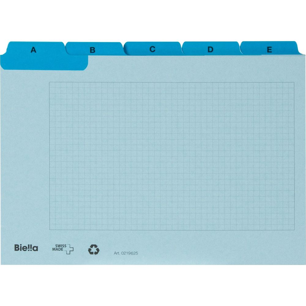 Hellblaues Blatt mit Rasterdruck und fünf Registerkarten A-E.