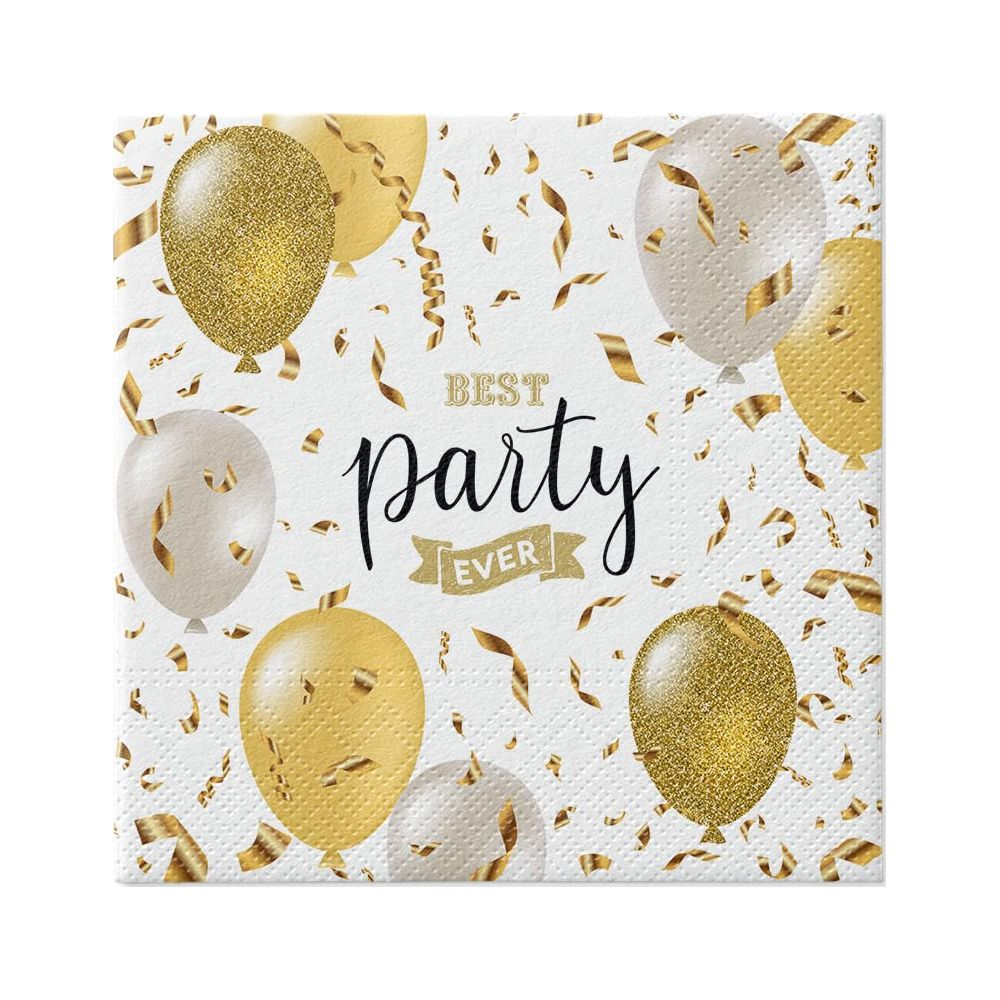 Servietten mit "Best Party Ever"-Schriftzug, Ballons und Konfetti.