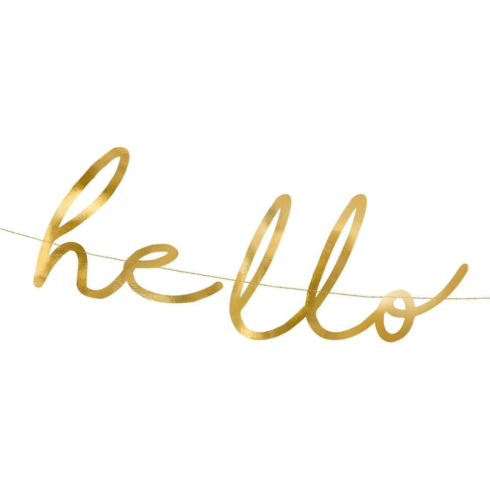 Goldene Schriftzug "Hallo" auf einer Schnur, isoliert auf weißem Hintergrund.