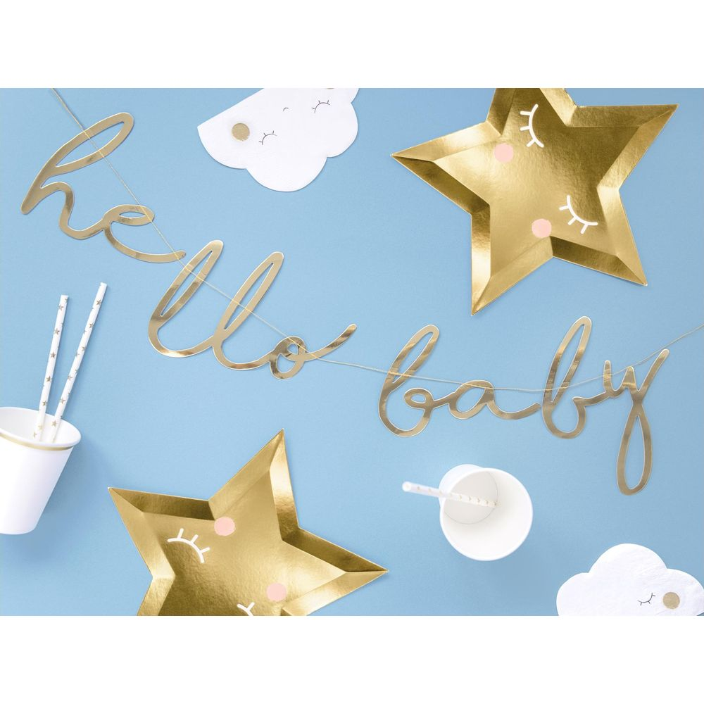 Goldene Stern- und Wolkenpartydekorationen mit 'Hallo Baby'-Girlande.