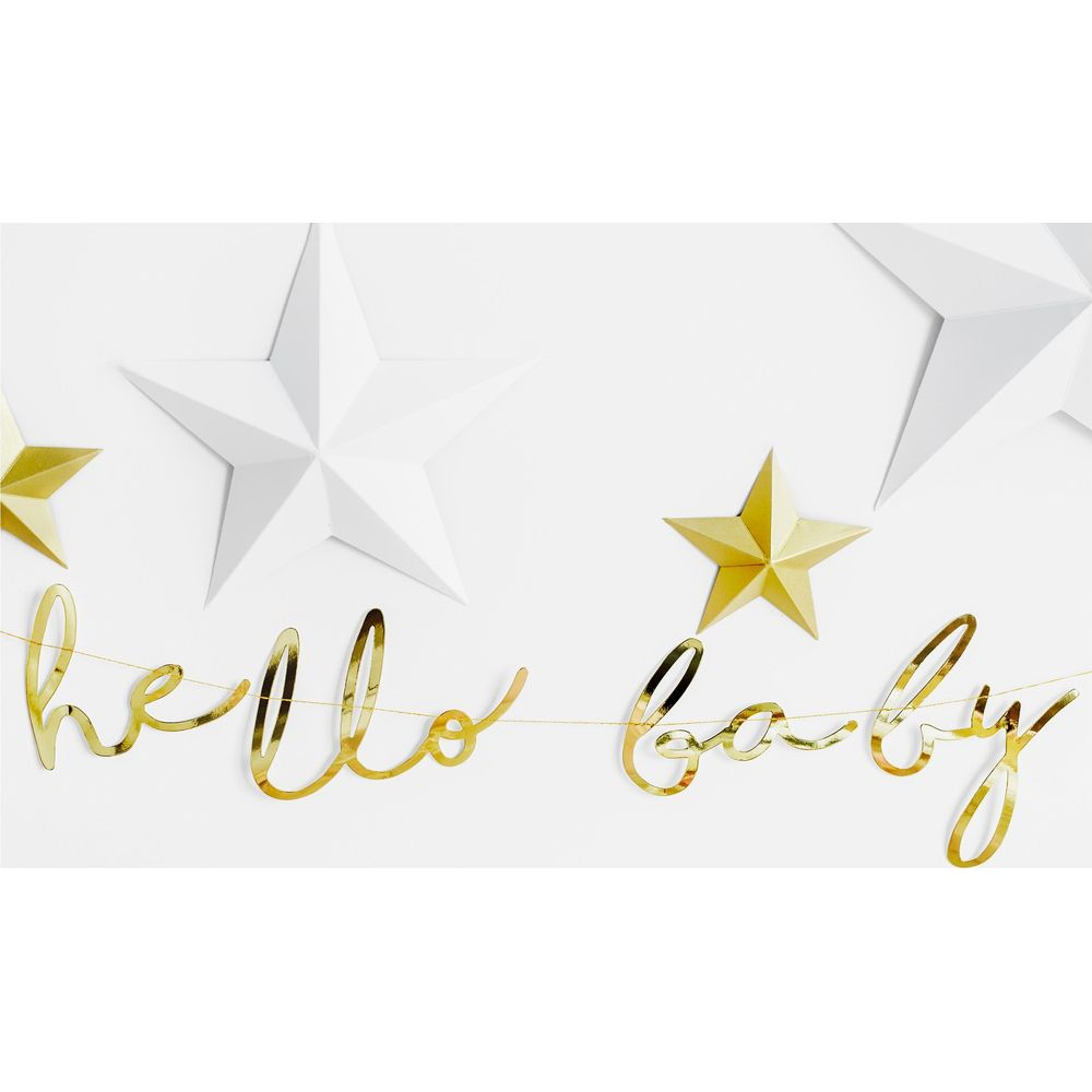 Goldene "Hallo Baby" Girlande mit weißen und goldenen Sternen.
