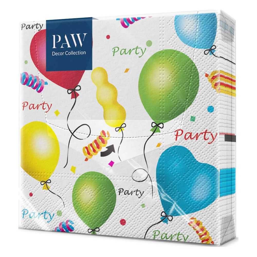 Verpackung von Servietten mit bunten Ballons und dem Text "Party".