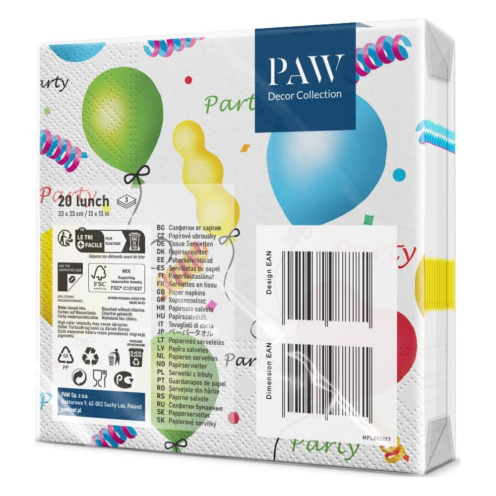 Verpackung von PAW Party Servietten mit Ballons und Konfetti.