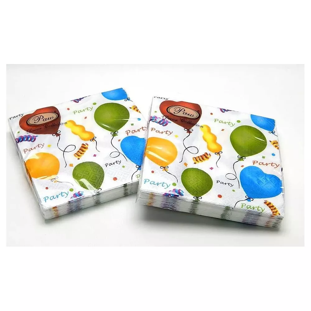 Zwei Stapel Partyteller mit Ballons, Konfetti und Text 'Paw Decor Collection'.