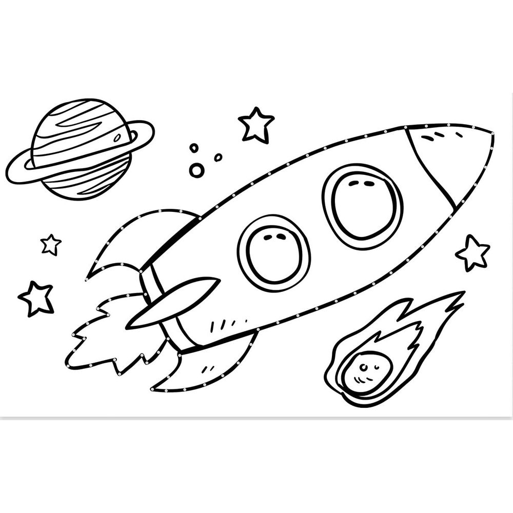 Un disegno in bianco e nero di un razzo dei cartoni animati che vola oltre un pianeta, stelle e una cometa.