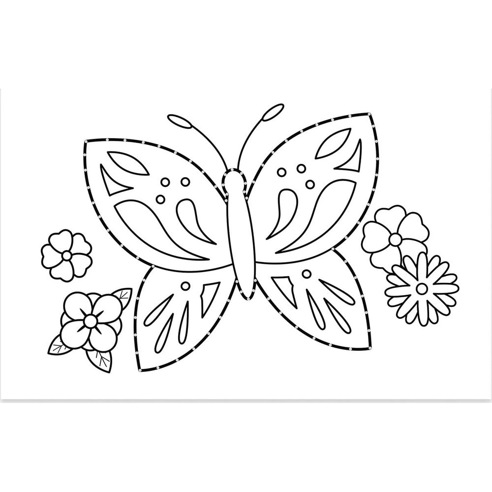 Un disegno in bianco e nero di una farfalla con fiori.