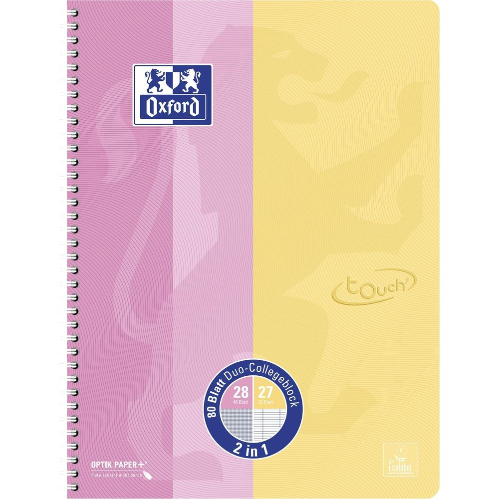 Un taccuino con copertina rosa e gialla, con logo Oxford ed elementi circolari.