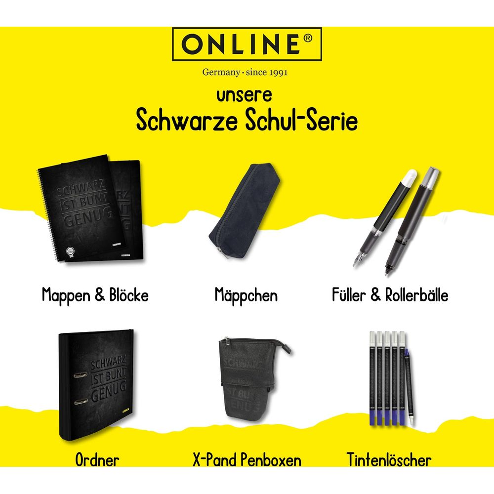 Schwarze Schulartikel: Mappen, Mäppchen, Füller, Ordner und Tintenlöscher.