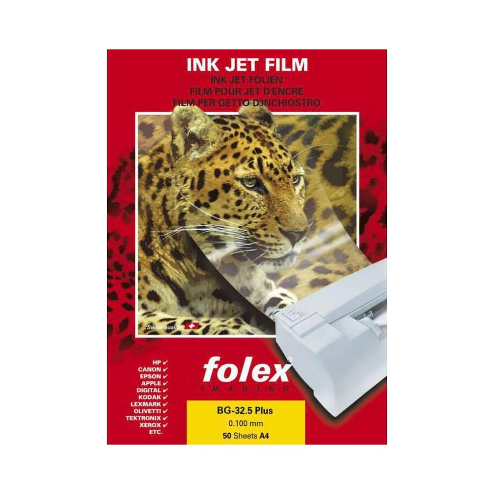 Folex Ink Jet Film Verpackung mit Leopardenbild, Drucker und Produktdetails.