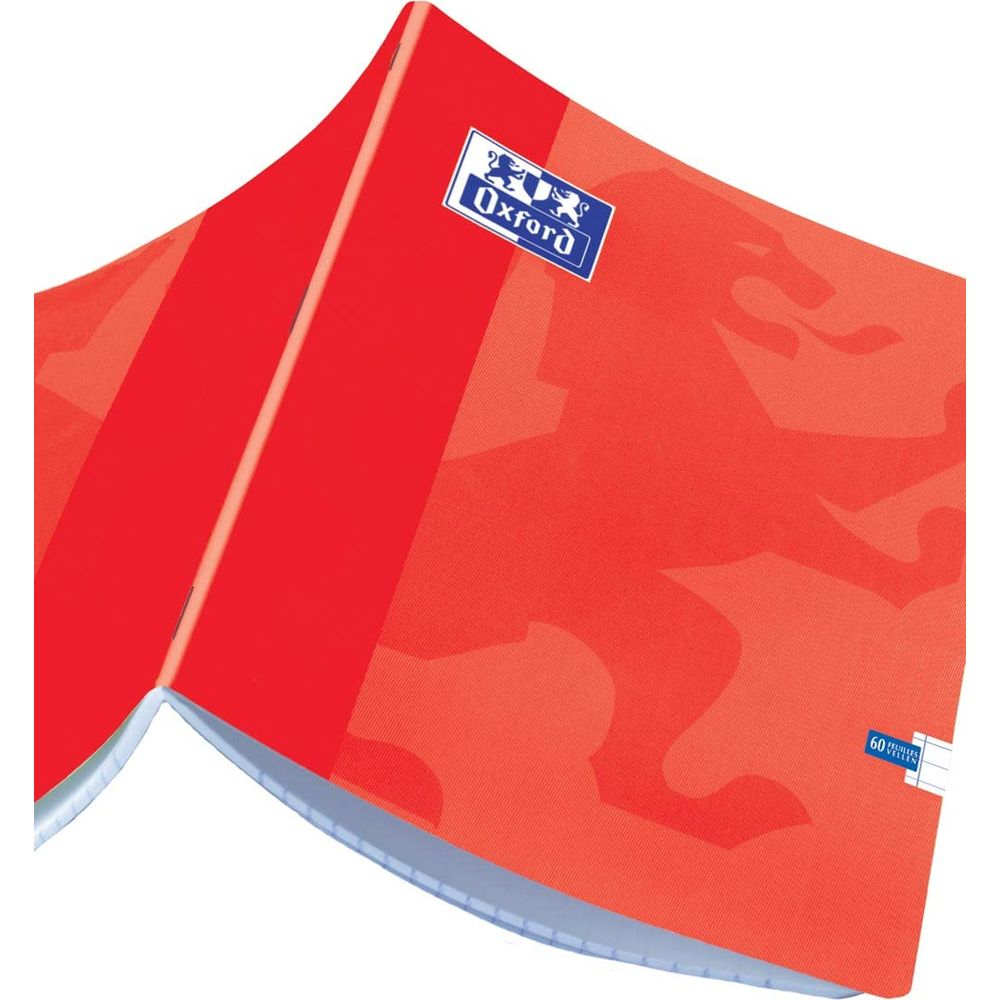 Ein rotes Notizbuch mit einem Camouflage-Muster und dem Oxford-Logo.