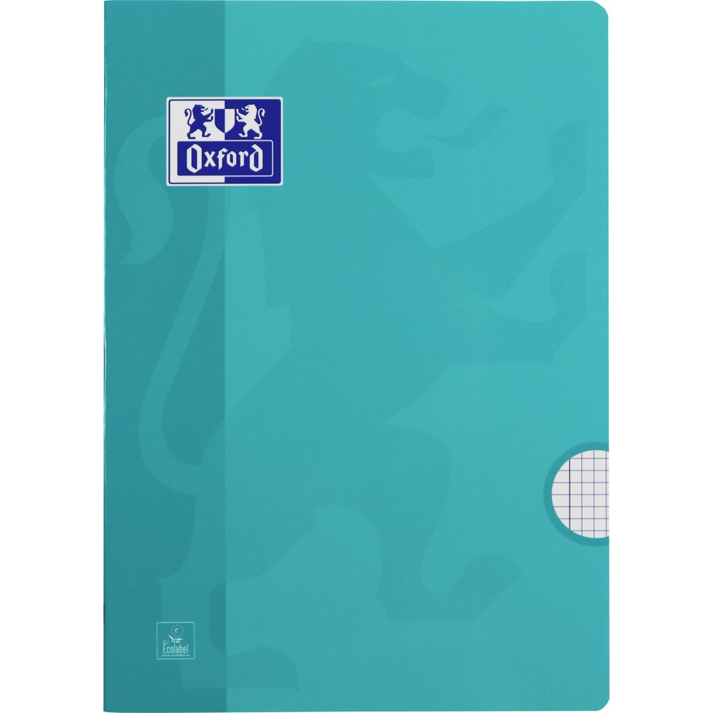 Ein türkisfarbener Ordner mit dem Oxford-Logo und einem Ecolabel-Aufkleber.