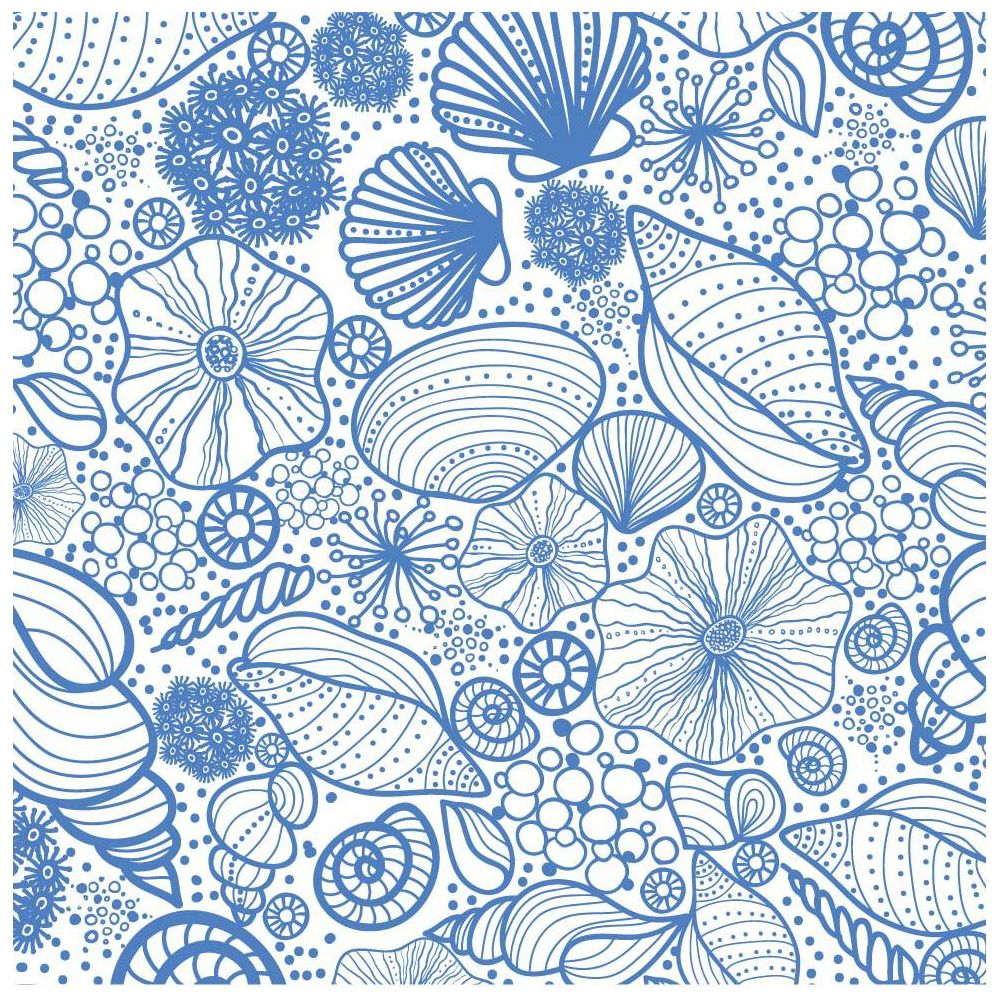Blaues Muschel- und Blumenmuster auf weißem Hintergrund.