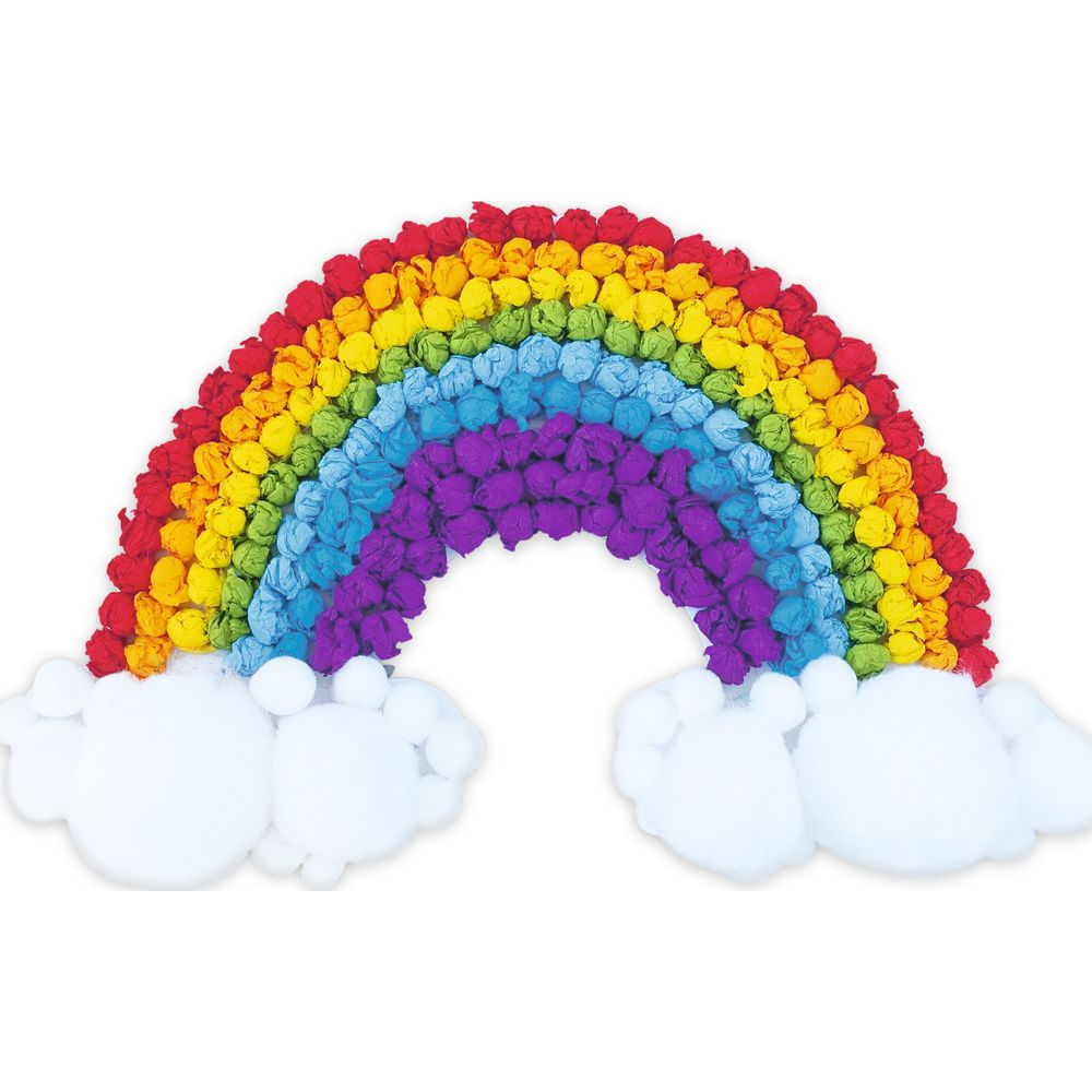 Regenbogen aus bunten Papierknäueln mit weißen Wolken unten.