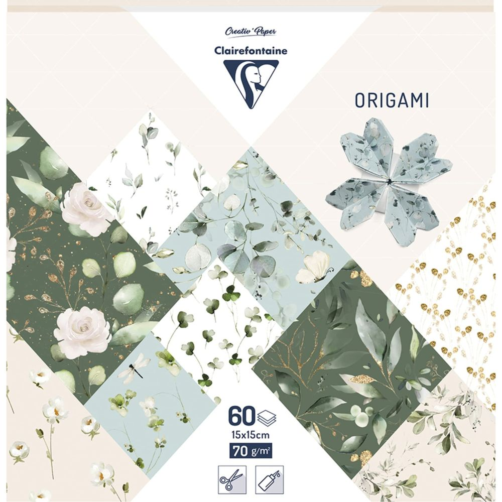 Origami-Papierpackung mit floralen und botanischen Mustern. Zeigt Rosen, Eukalyptus, Schmetterlinge, Libellen und Goldakzente.