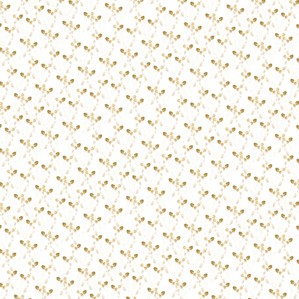 Ein sich wiederholendes Muster kleiner goldfarbener Samenköpfe auf dünnen Stielen vor weißem Hintergrund.