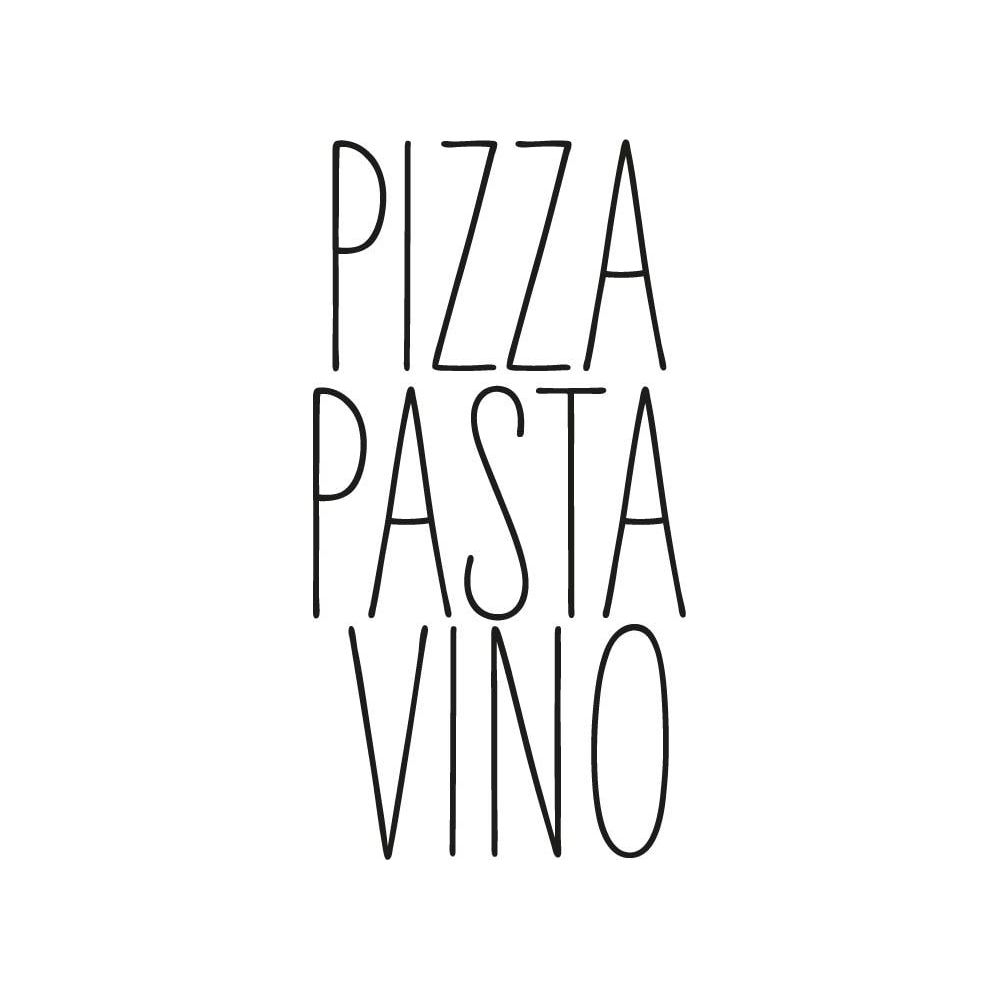 Die Wörter PIZZA, PASTA, VINO sind vertikal in schwarzer Schrift auf weißem Hintergrund.
