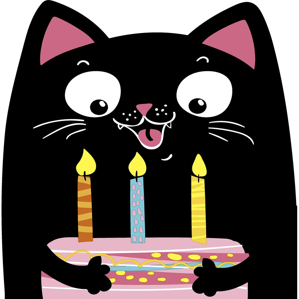 Eine schwarze Katze mit großen Augen hält einen rosa Kuchen mit drei Kerzen.