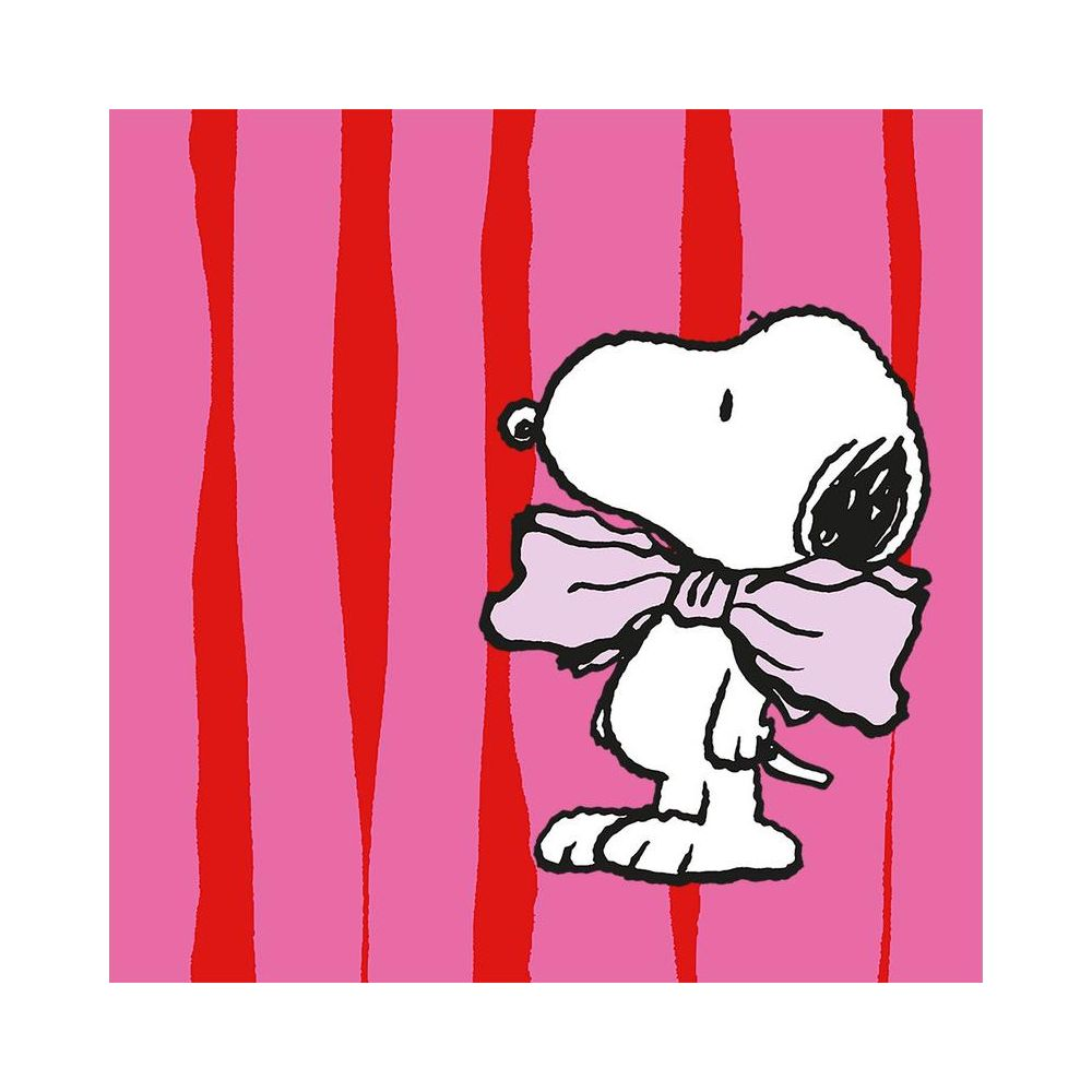 Snoopy portant un nœud rose sur fond rayé rouge et rose.