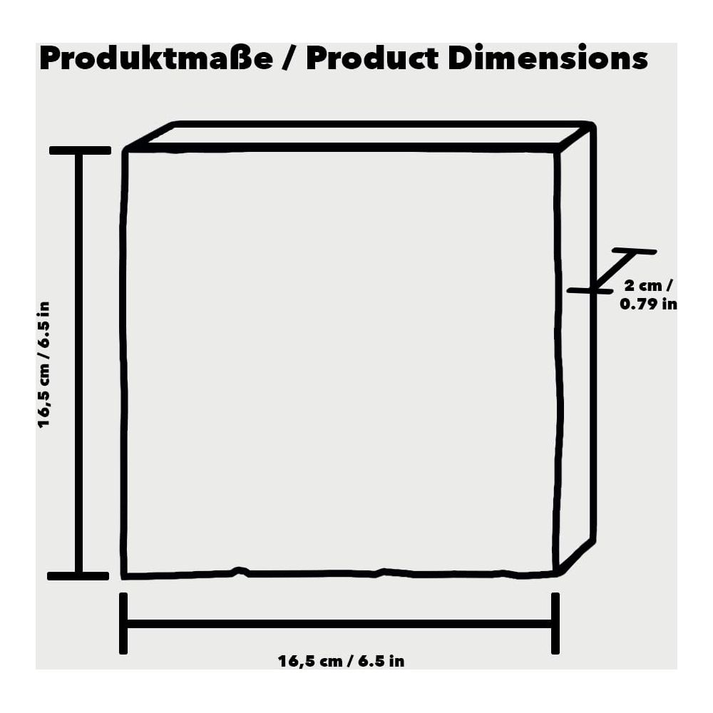 Diagramme montrant les dimensions du produit : 16,5 cm / 6,5 pouces de large et de haut.