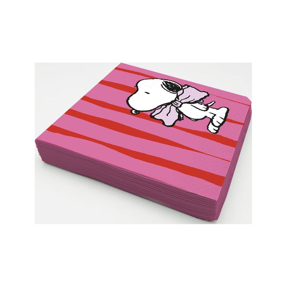 Snoopy avec un nœud sur des serviettes rayées roses et rouges.