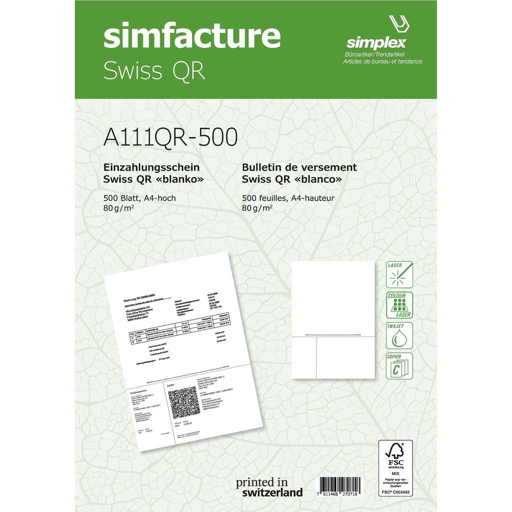 SIMPLEX bulletin de versement Simfacture Swiss QR Papier perforé, 90 g ...