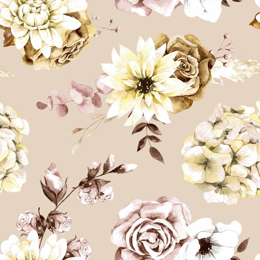 Ein nahtloser Aquarell-Druck mit Blumen in Beige- und Brauntönen.