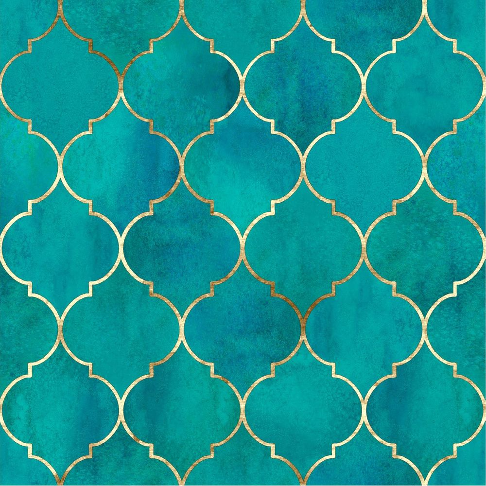 Türkisblaue Aquarellmuster mit goldenen arabesken Linien.