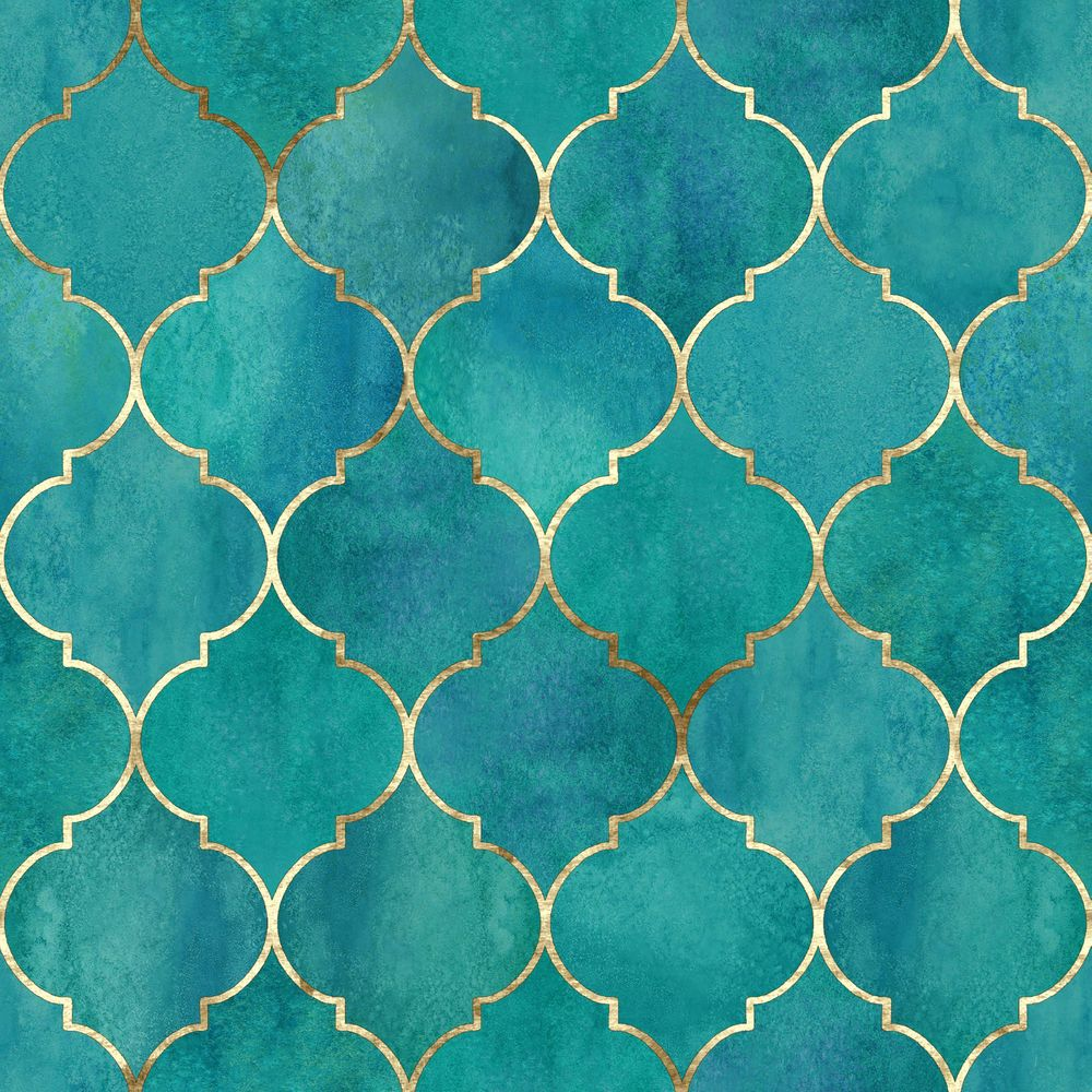 Türkisfarbene Aquarell-Textur mit goldenem Quatrefoil-Muster.
