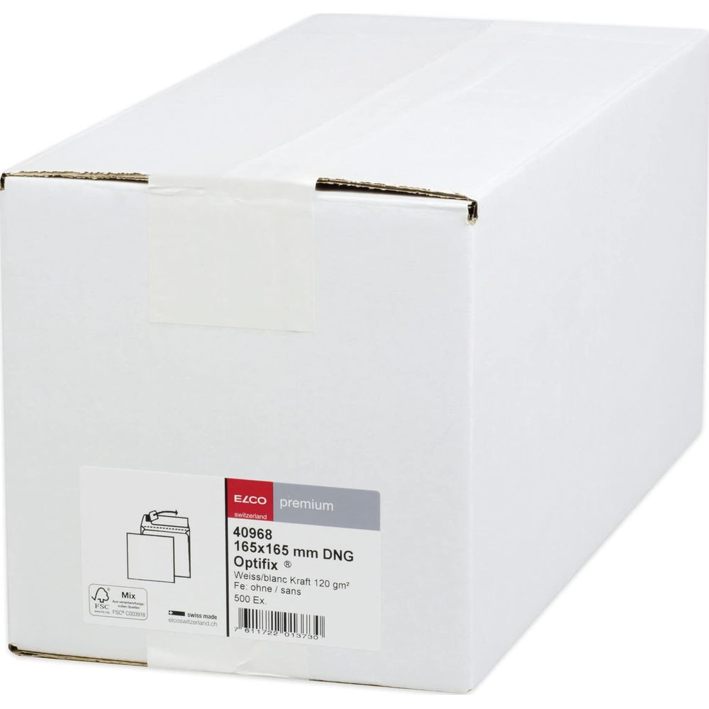 Eine weiße Kartonbox mit Produktinformationen und FSC-Logo.