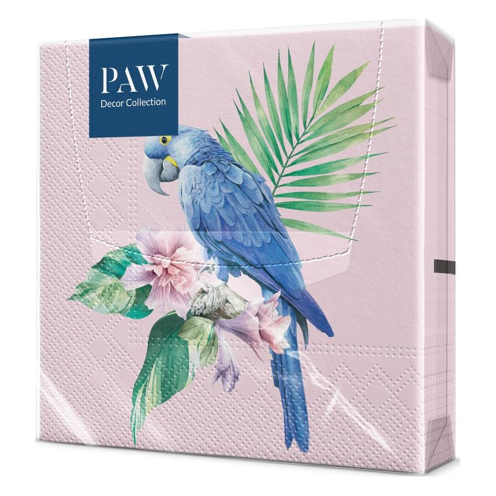 Eine pinke Serviettenpackung mit Illustration eines blauen Papageis und grünen Blättern. PAW Logo.