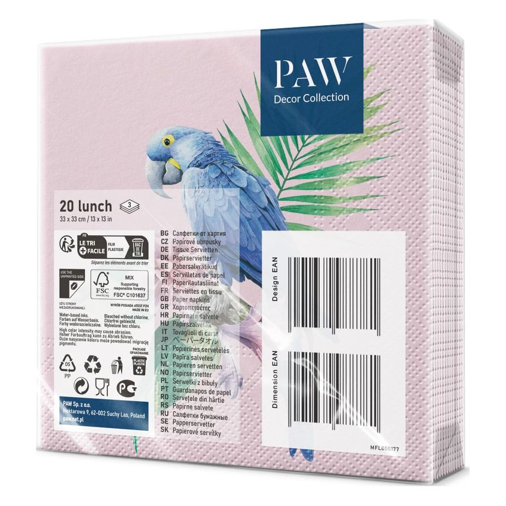 Verpackung mit 20 Servietten, Design 'PAW Decor Collection', zeigt einen blauen Vogel.