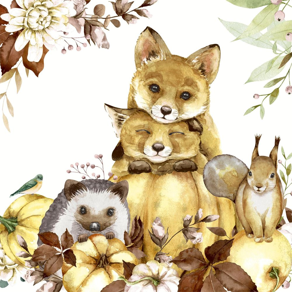 Zwei Füchse, ein Igel, ein Eichhörnchen und ein Vogel auf Kürbissen.
