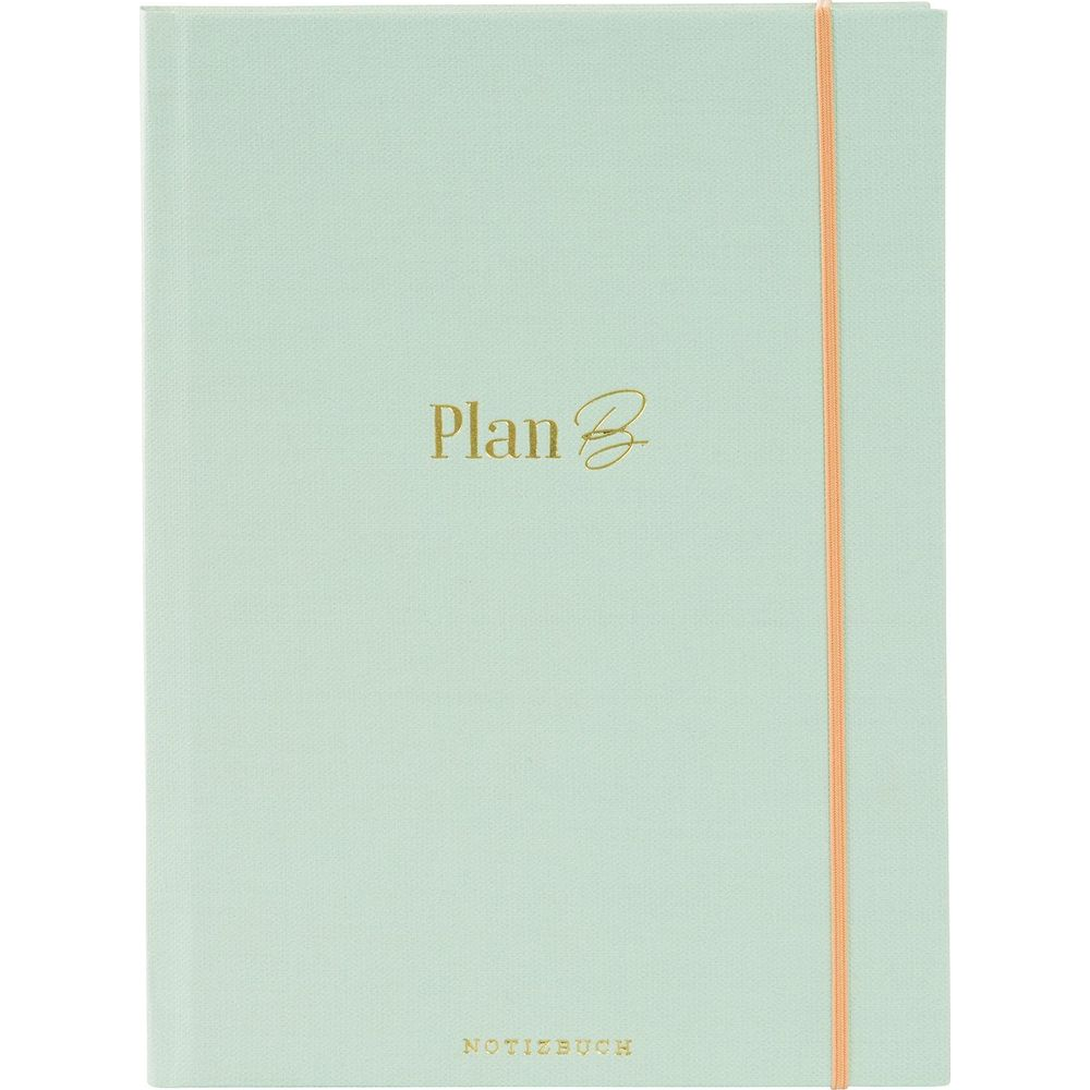 Ein hellgrünes Notizbuch mit dem goldenen Schriftzug „Plan B“ und einem Pfirsichband.