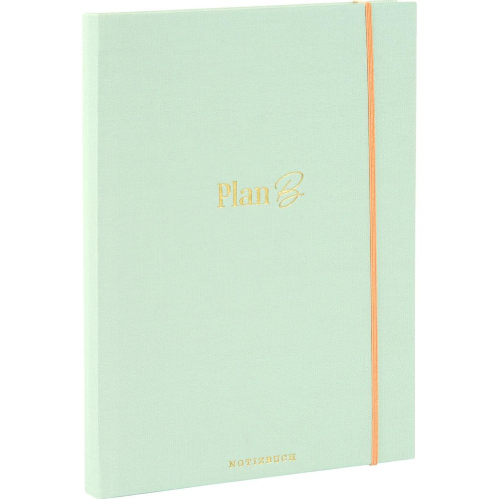 Ein hellgrünes Notizbuch mit dem Schriftzug "Plan B" und einem orangefarbenen Gummiband.