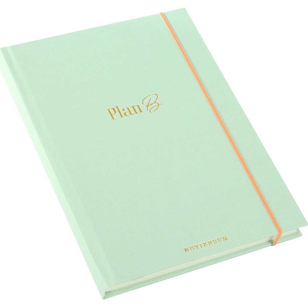 Ein hellgrünes Notizbuch mit goldener Schrift und Gummiband.