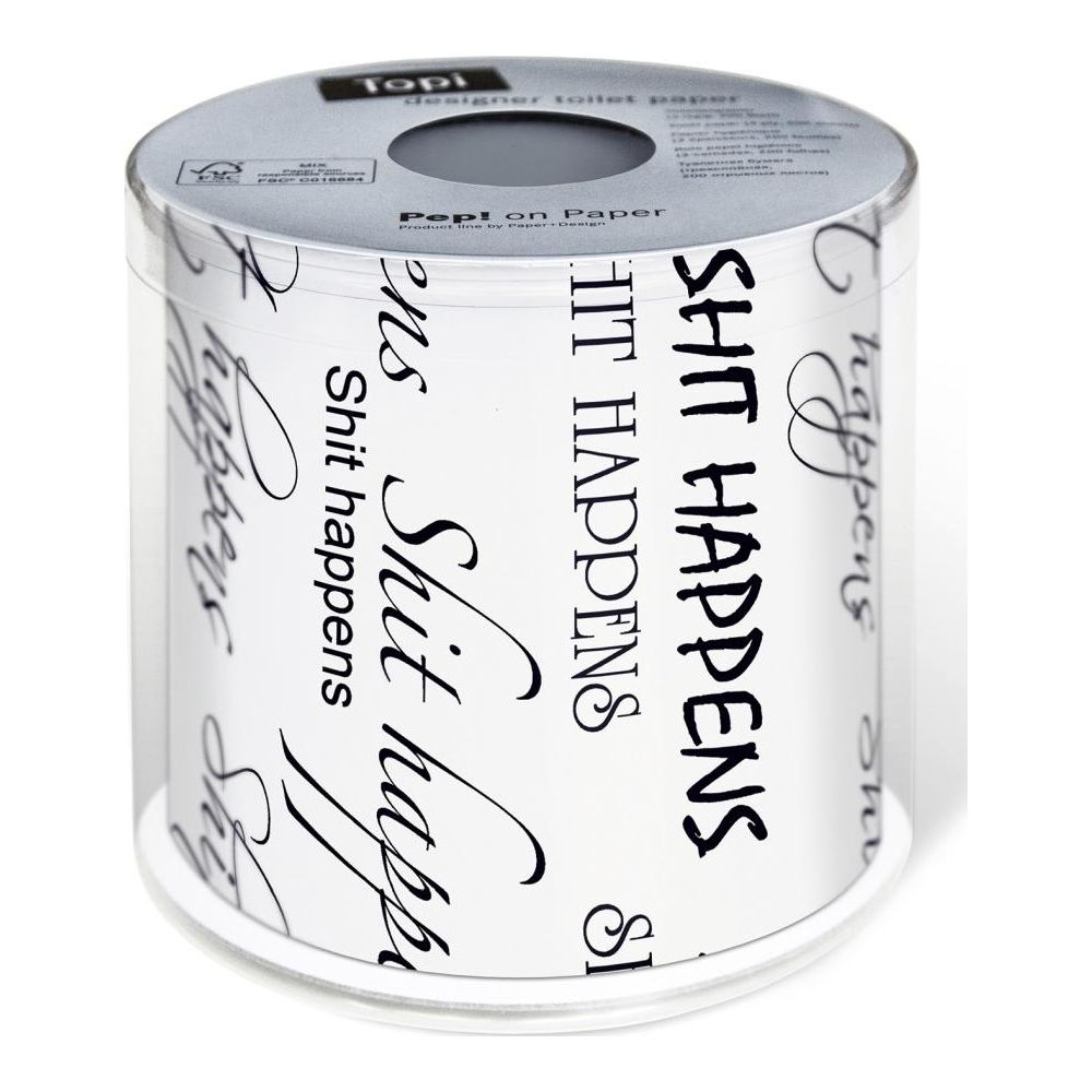 Toilettenpapierrolle mit 'Shit Happens' in verschiedenen Schriftarten wiederholt.