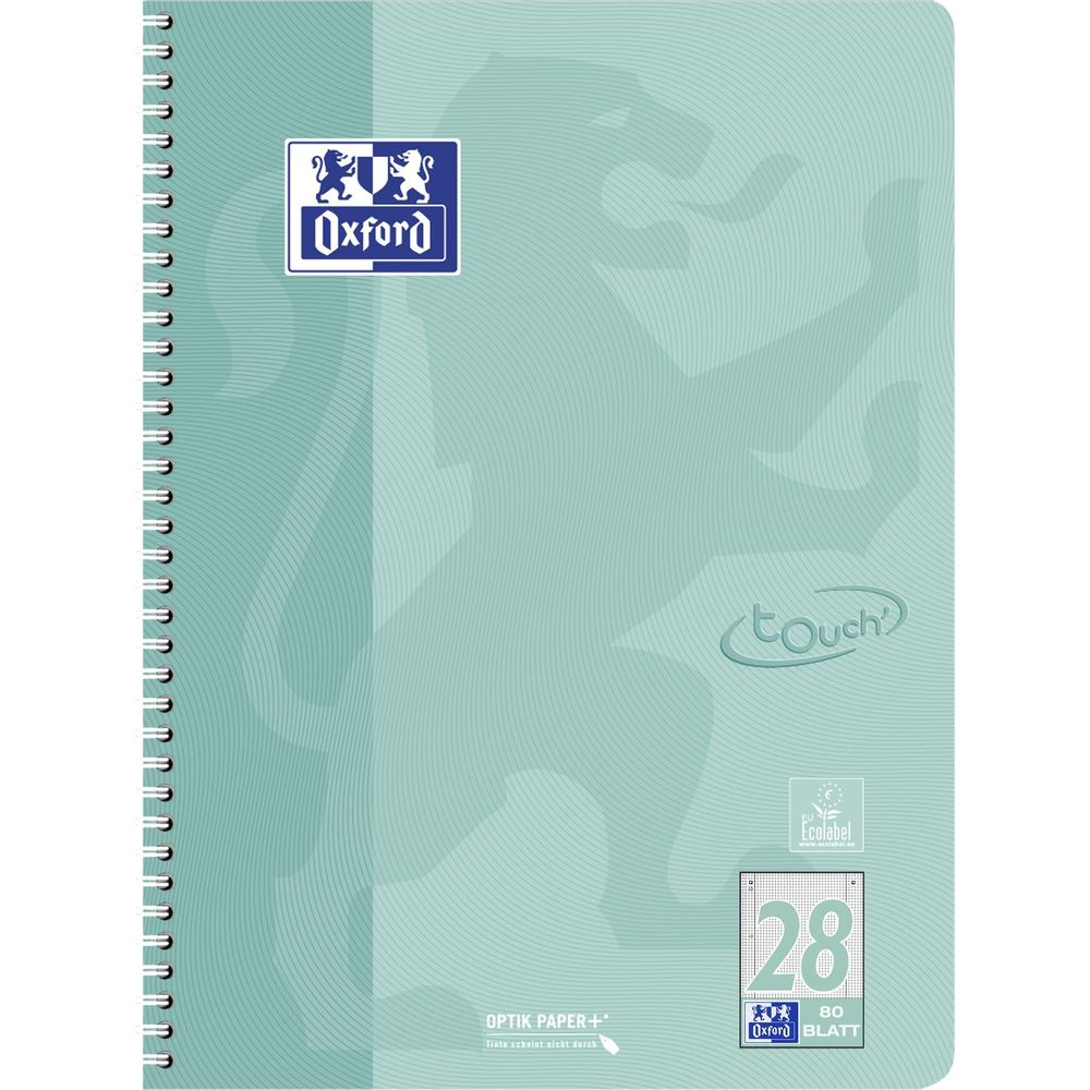 Un carnet vert clair avec logo Oxford, texte "Touch" et Ecolabel.