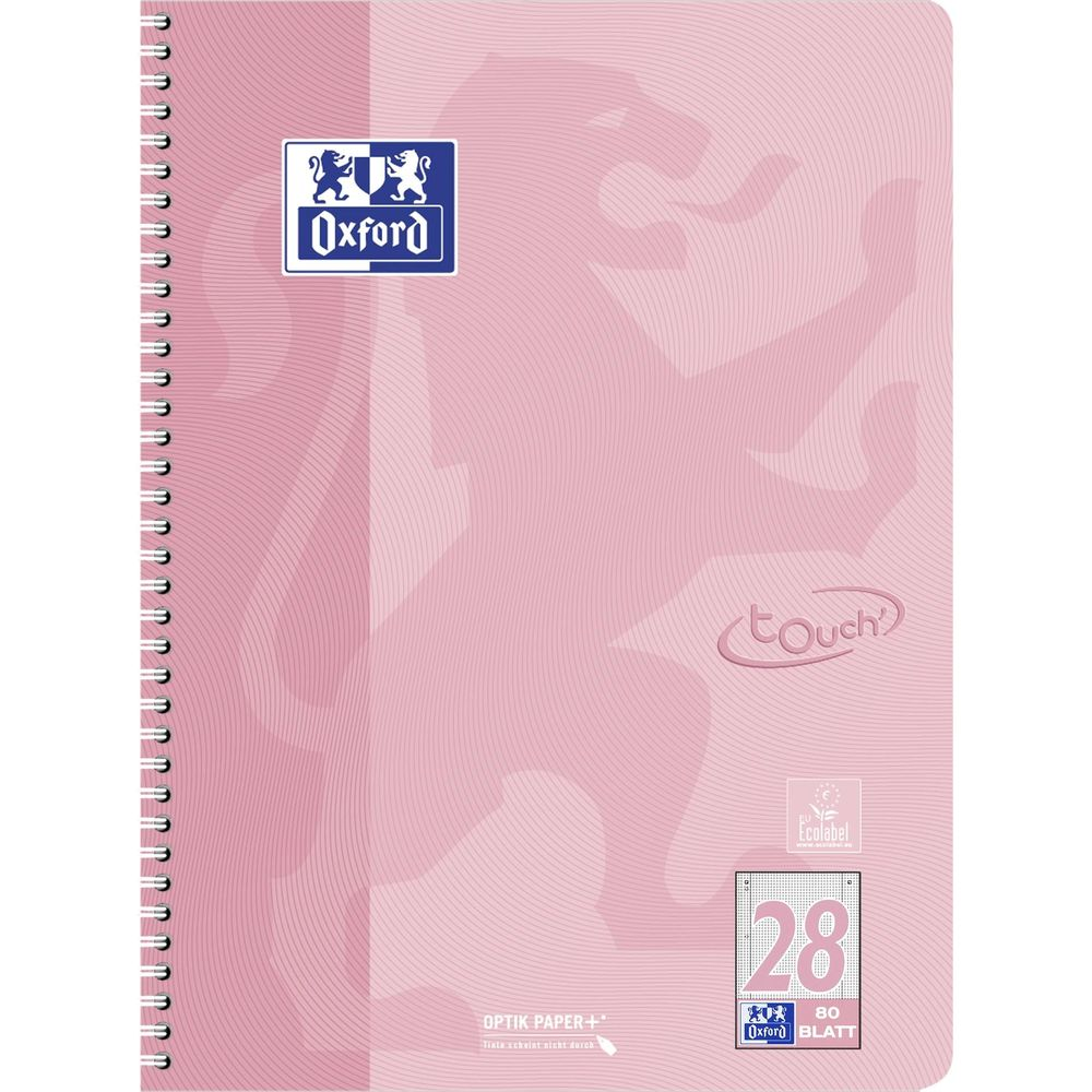 Un carnet rose à spirale avec le logo Oxford et le chiffre 28.