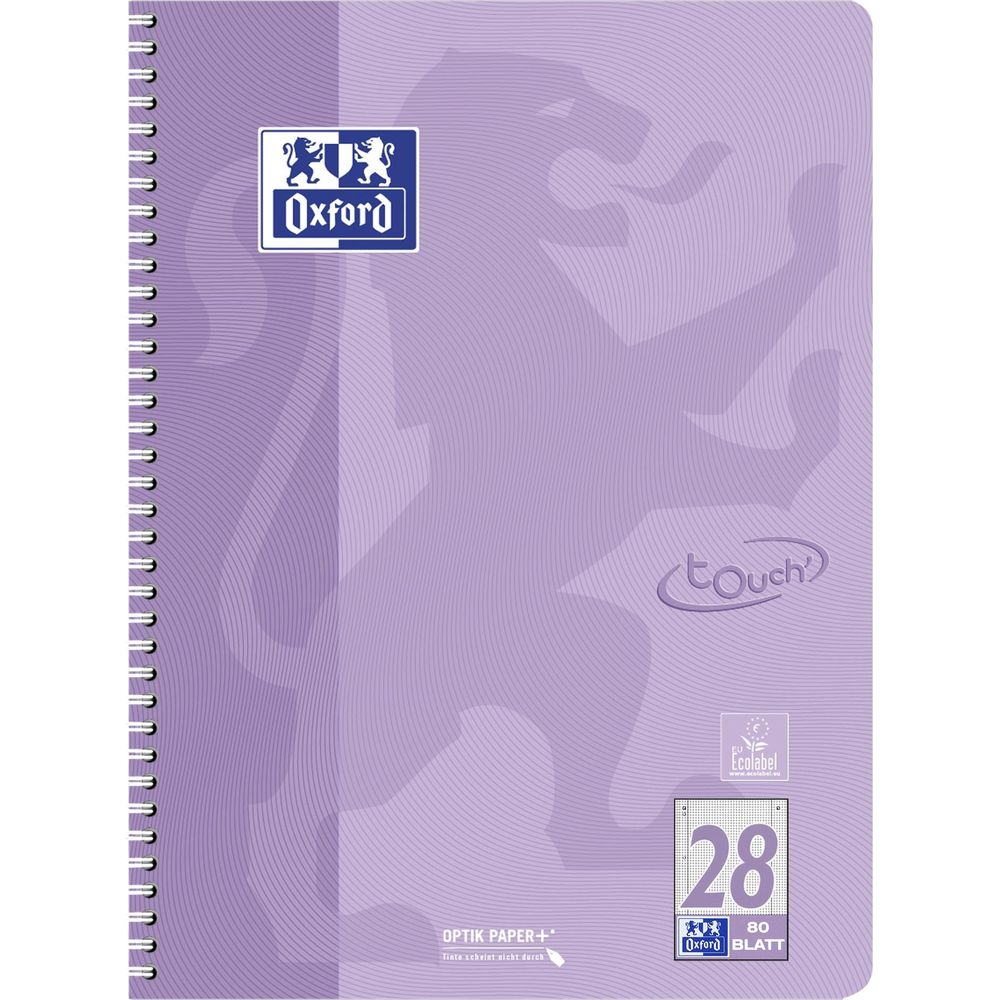 Carnet violet à spirale, logo Oxford et label Ecolabel.