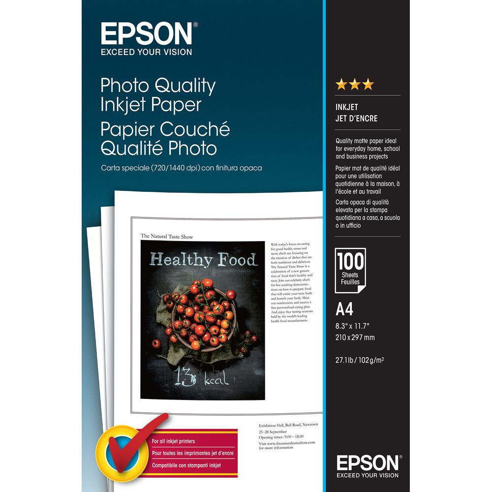 Confezione carta fotografica Epson con pubblicità libro cucina e dettagli.