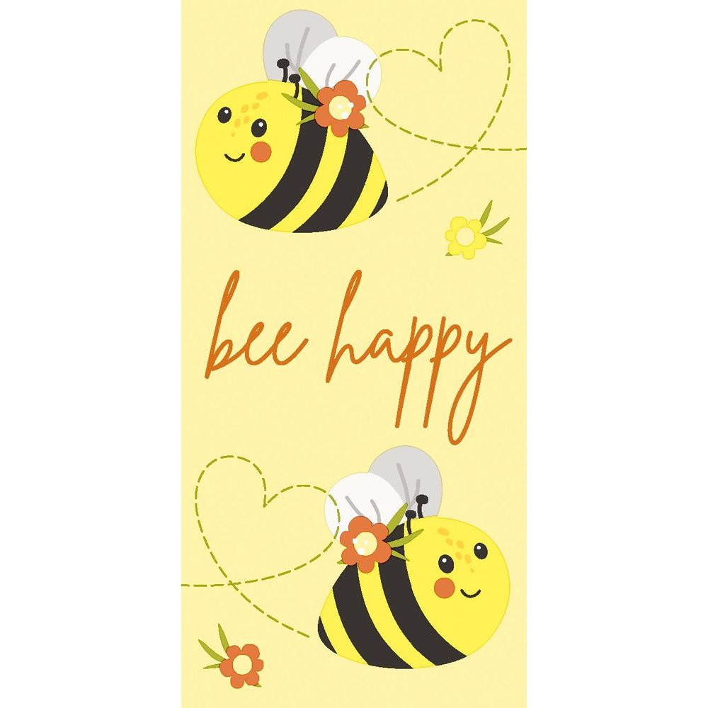 Zwei niedliche Bienen mit schwarzen Streifen und Blumen, geschrieben 'bee happy'.