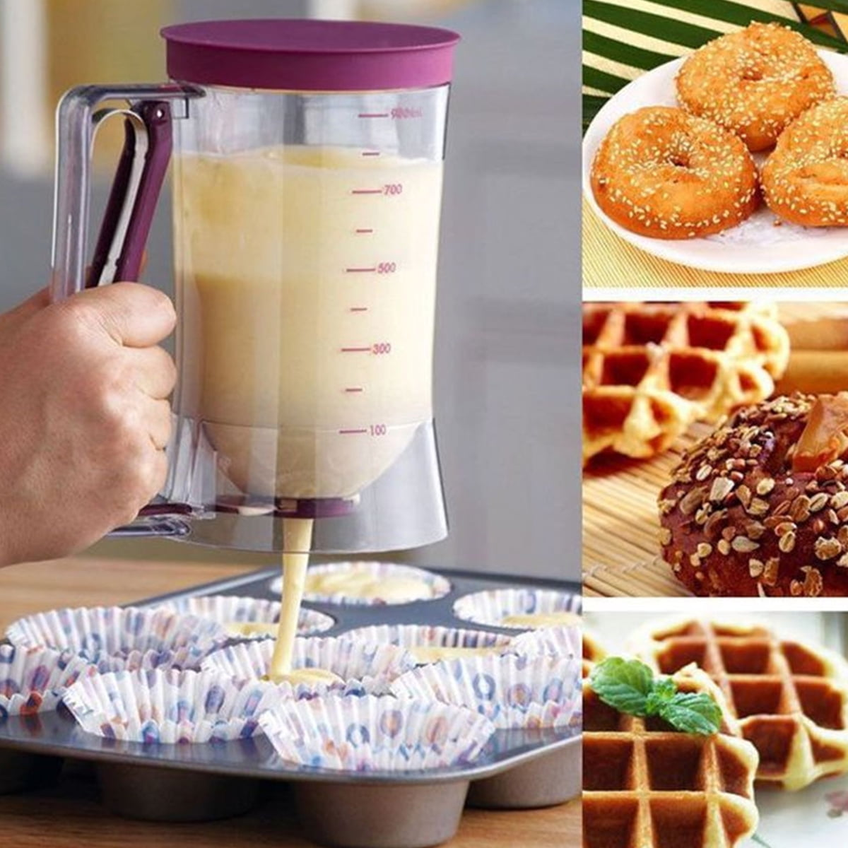 Teig wird aus einem Krug in Muffinförmchen gefüllt. Andere Bilder zeigen Donuts und Waffeln.