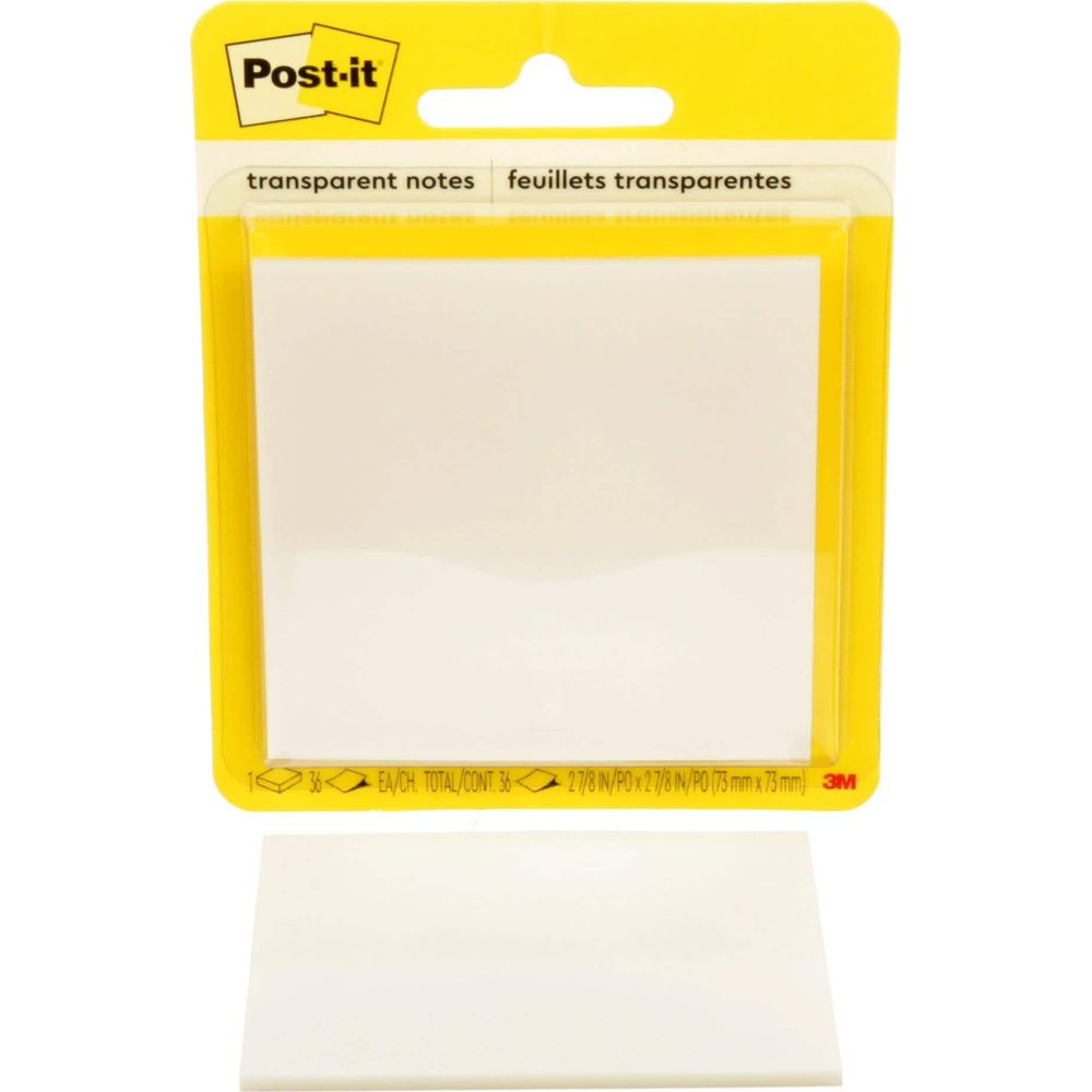 Eine Packung Post-it transparente Notizen, 36 Blätter, 73 x 73 mm.