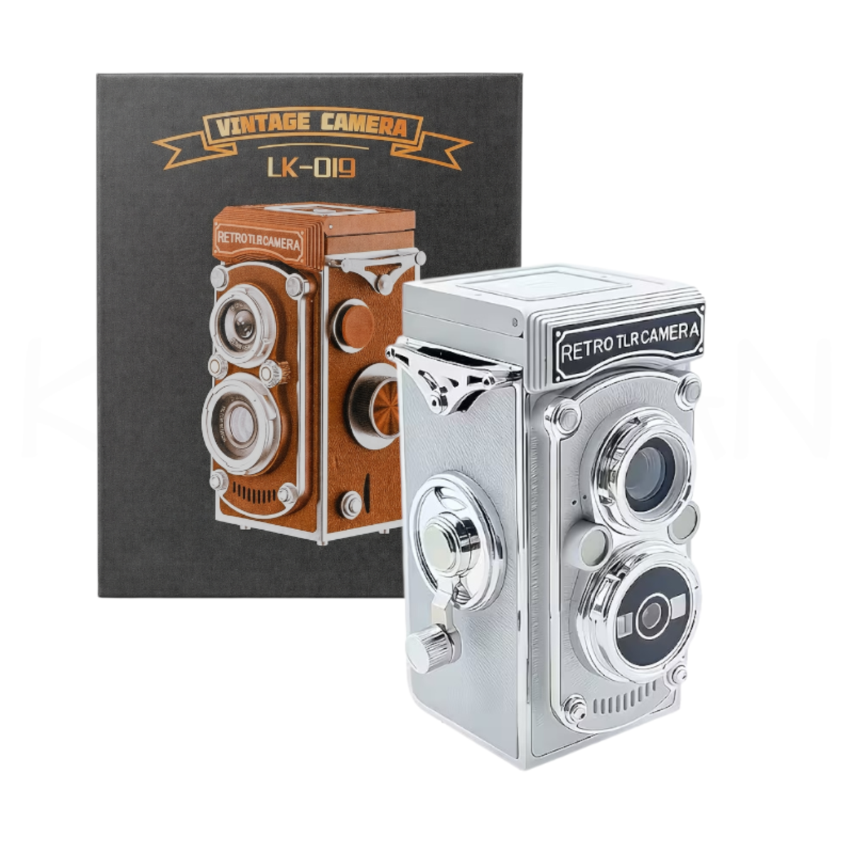 Un modelo de cámara plateada de lente doble retro está junto a una caja negra con imagen de cámara marrón.