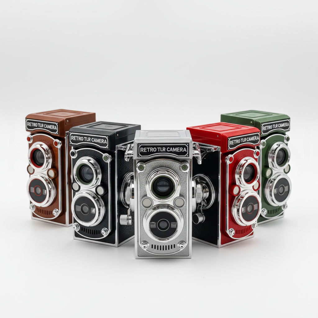 Cinco cámaras retro en marrón, negro, plateado, rojo y verde se colocan una al lado de otra.