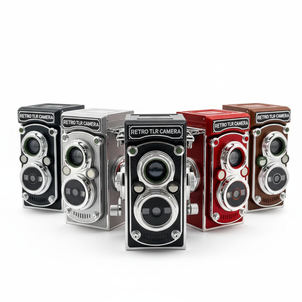 Cinco cámaras retro en negro, plata, rojo y marrón se colocan una al lado de la otra.