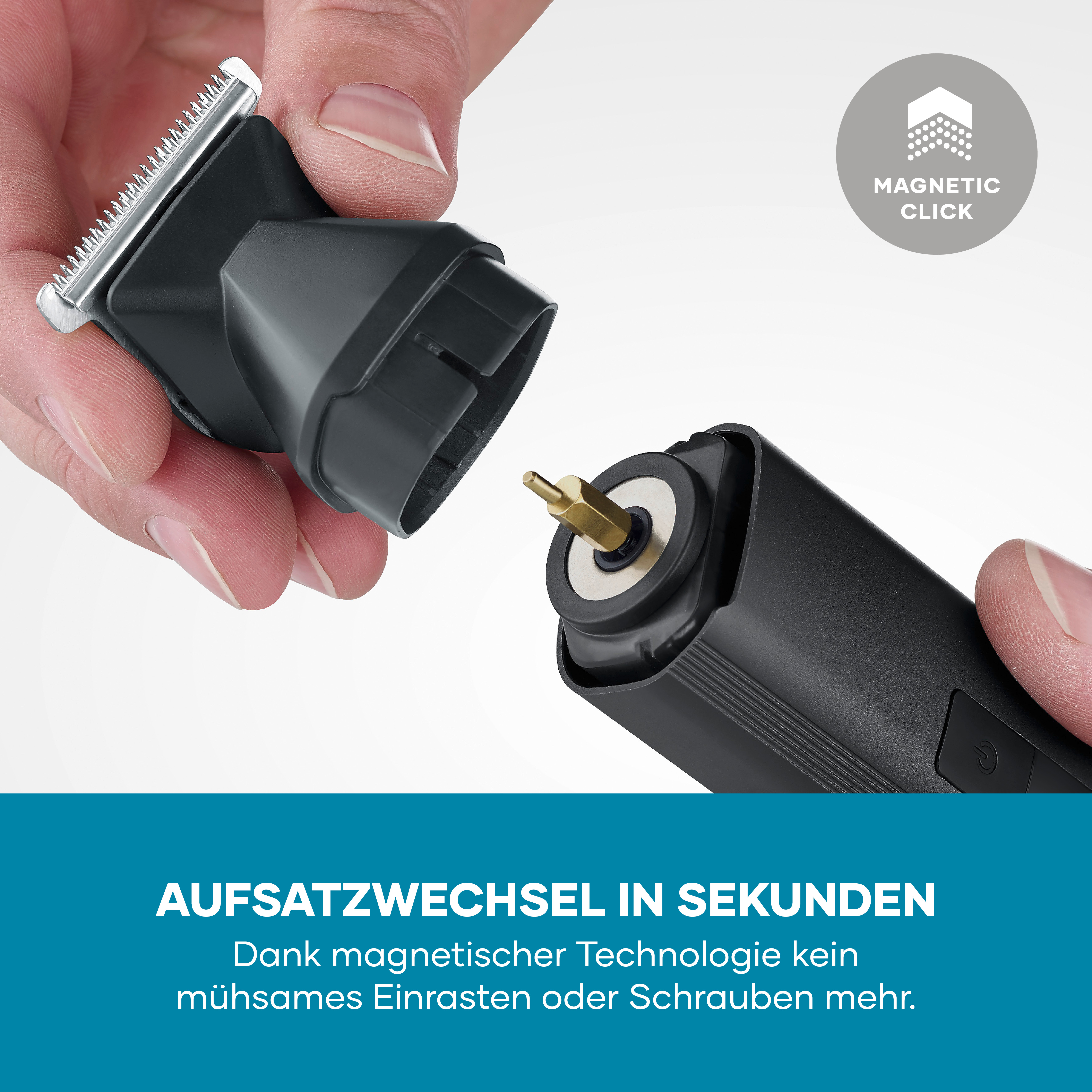 Dłonie mocują głowicę i uchwyt trymera z magnetycznym połączeniem.