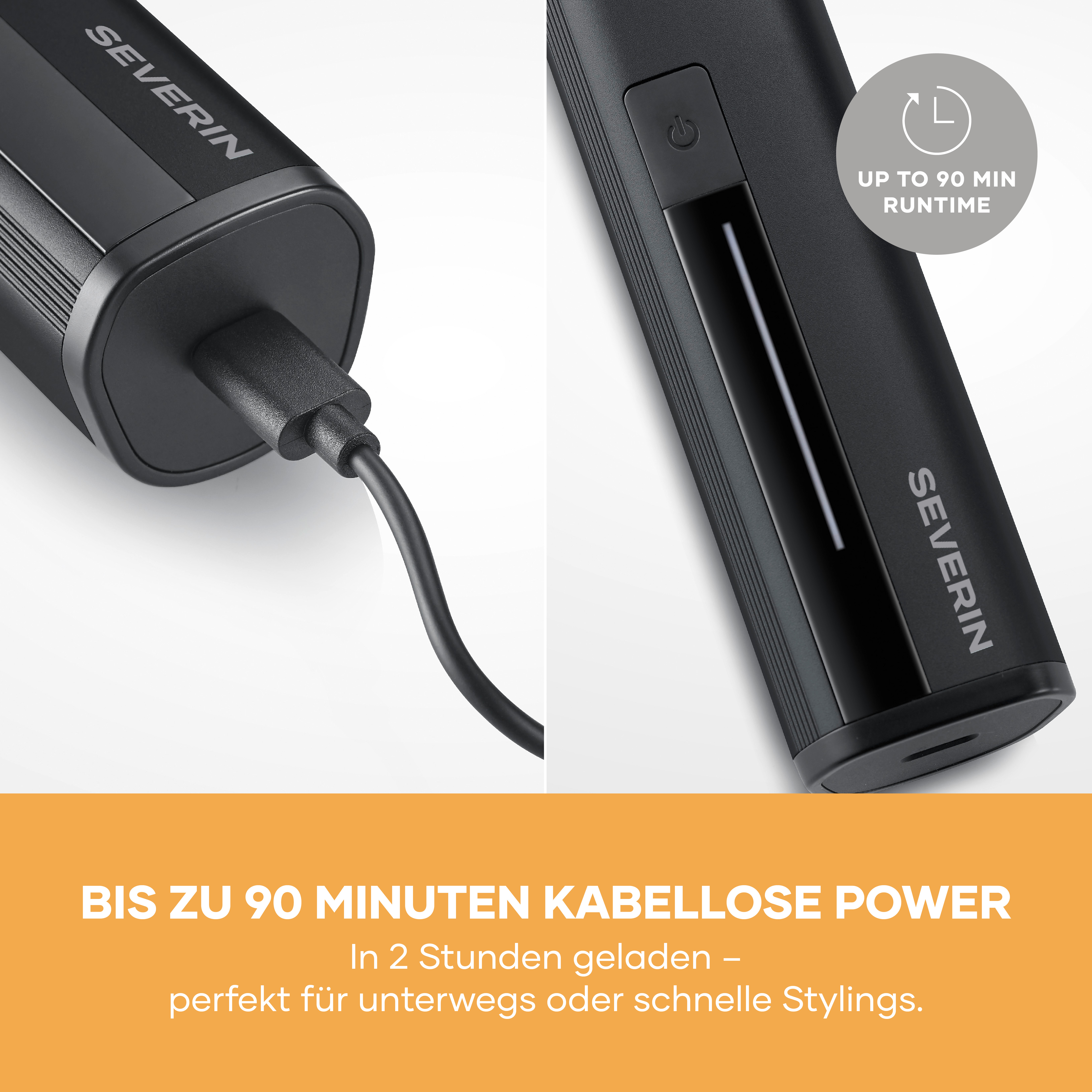 Czarny sprzęt Severin z portem ładowania i ikoną zasilania. Do 90 min.